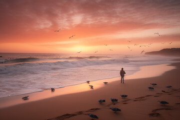 Fototapeta premium Landscape of a sunrise on the beach, warm colors. Generate by ai