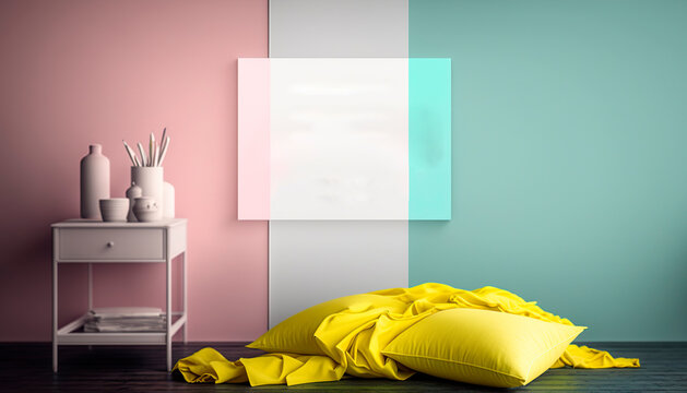 interior of a room, modern interior, advertising template, mock-up in pastel blue and pink tones with space for copy, image created with ia