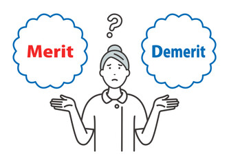 Merit / Demerit：メリットとデメリットを比べて悩む若い女性看護師