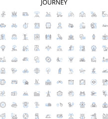 Journey outline icons collection. Travel, Voyage, Trek, Adventure, Expedition, Tour, Trekking vector illustration set. Pilgrimage, Passage, Road linear signs
