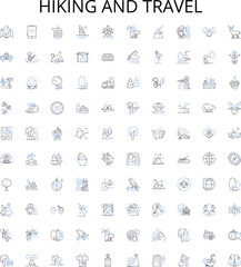 Hiking and travel outline icons collection. Hiking, travel, trekking, exploration, trails, backpacking, adventure vector illustration set. camping, mountaineering, landscape linear signs