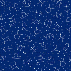 Night sky celestial constellations seamless pattern texture, astrological symbols. Astrological, horoscope symbols, constellations of sparkling stars on dark blue background vector illustration