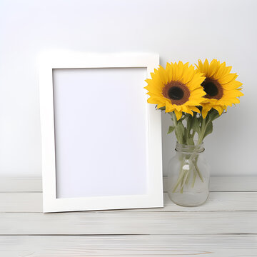 The wooden frame showcased a vibrant sunflower mockup on the table(wooden frame mockup, Generative AI