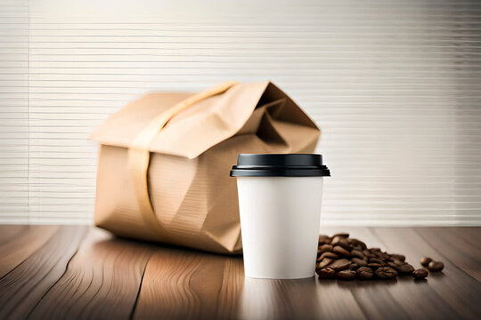 Generative AI image of take away cup of hot coffee with a brown bag. Coffee is the favourite drinks in the morning to start the day