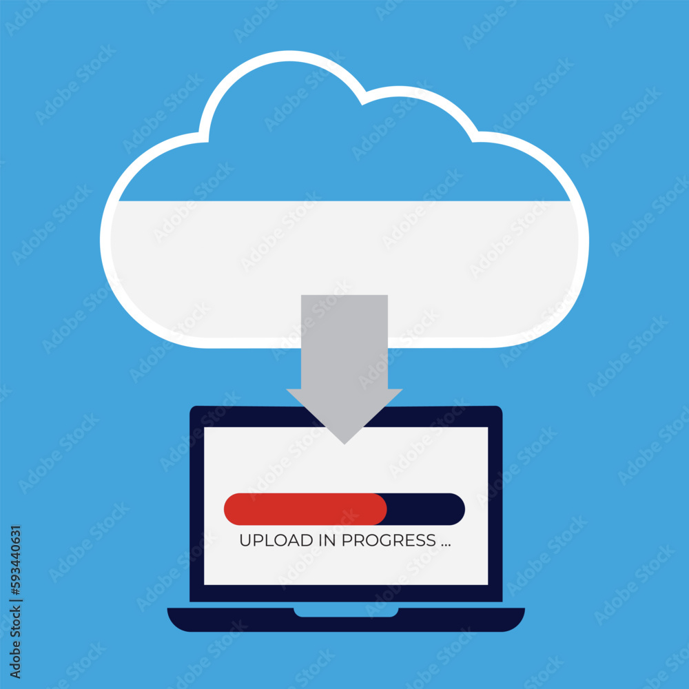 Poster cloud storage service concept, uploading data from local laptop computer to cloud vector illustratio