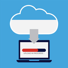 cloud storage service concept, uploading data from local laptop computer to cloud vector illustration