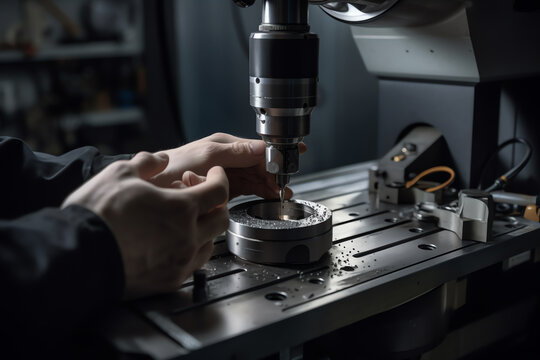 a worker's hand operating a CNC machine. generative AI