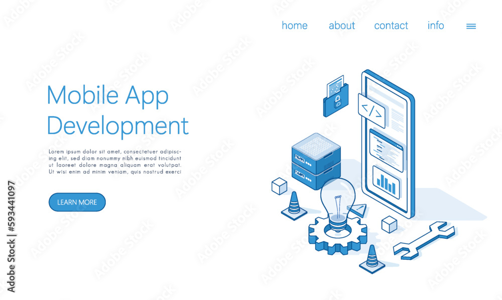 Poster landing page template mobile app development concept. isometric vector.