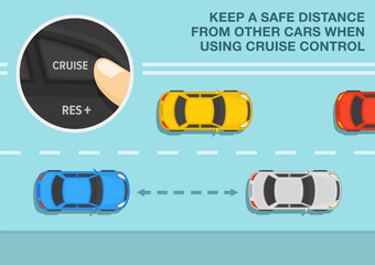Safe car driving tips and rules. Keep a safe distance from other cars. Close-up of a finger pressing cruise control button. Top view of a traffic flow. Flat vector illustration template.