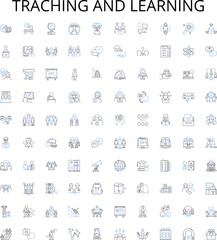 Traching and learning outline icons collection. Teaching, Learning, Education, Instruction, Curriculum, Assessment, Methodology vector illustration set. Academic, Knowledge, skill linear signs