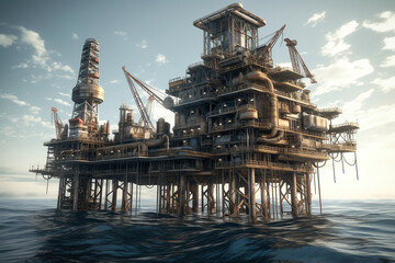 An oil rig with towering derricks and pipes. generative AI