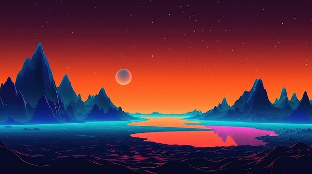 neon 3d abstract landscape virtual reality metaverse world, background with glowing geometric shapes and seascape, terrain, neon water, heavy glow,  panoramic view, futuristic world, colorful glow