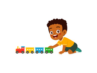 little kid playing toy train made from plastic and feel happy
