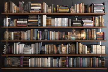 bookshelf filled with hardcover books of various genres. generative AI - obrazy, fototapety, plakaty