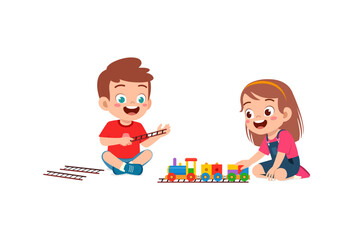 little kid playing toy train made from plastic with friend and feel happy