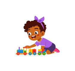 little kid playing toy train made from plastic and feel happy