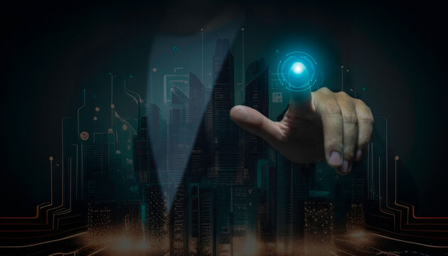 Business, internet, technology concept. Businessman chooses Business Transformation button on a touch screen interface.