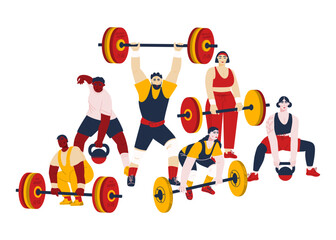 Group of sport people holding barbells and kettlebells. Strong powerlifters lifting weight. Team of heavy athletes doing exercises in fitness training. Vector flat illustration