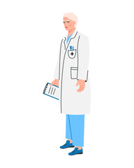 Male doctor with clipboard in his hand. Hospital worker isolated on a white background.  Medical staff in uniform. Vector flat illustration