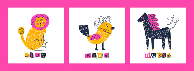Set of cards with paper cut abstract a lion, a horse, a bird. Animal collection of childish collages from different shapes with textures. Vector flat illustration for design of greeting and event card