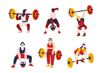 Set of sport people holding barbells and kettlebells. Collection of strong powerlifters lifting weight. Heavy athletes doing exercises in fitness training. Vector flat illustration