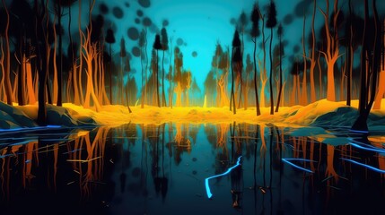 neon 3d abstract landscape virtual reality metaverse world, background with glowing geometric shapes and seascape, terrain, neon water, heavy glow, panoramic view, futuristic world, colorful glow	