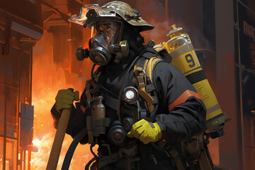 firefighter in a burning building, hose in hand. generative AI