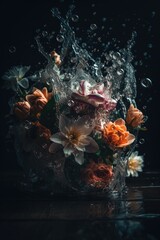 Refreshing Dance of Fresh Flowers Splashed in Water. Gen AI