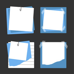 Set of blue paper stickers. Paper notes. Stickers for reminders and notes. Sheets of paper are attached with sticky tape.