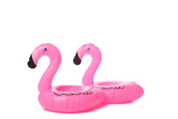 Rubber ring flamingos isolated on white background