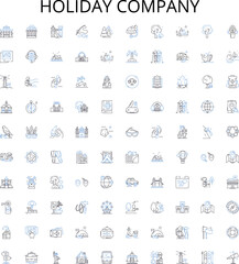 Holiday company outline icons collection. Vacation, Tour, Travel, Holiday, Trip, Package, Resort vector illustration set. Offers, Getaway, Adventure linear signs