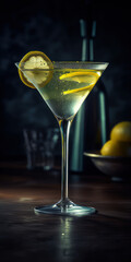Lemondrop Martini with Lemons and lemon slice in a Crystal Martini alcohol Glass in a dark bar, ai. 