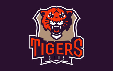 Sports logo with tiger mascot. Colorful sport emblem with tiger mascot and bold font on shield background. Logo for esport team, athletic club, college team. Isolated vector illustration
