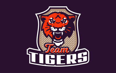 Sports logo with tiger mascot. Colorful sport emblem with tiger mascot and bold font on shield background. Logo for esport team, athletic club, college team. Isolated vector illustration