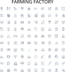 Farming factory outline icons collection. Farming, Factory, Agriculture, Crop, Cultivation, Grower, Harvester vector illustration set. Tractor, Sowing, Plowing linear signs