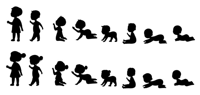 set of silhouettes of baby boy and girl grow up process. baby development, child growth stages. toddler milestones. eps 10