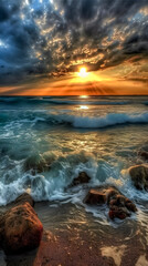 Obraz premium a sunset over the ocean with rocks in the foreground, romanticism, chaotic sea setting, dramatic light hdr, beautiful ocean, generative ai