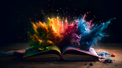 an open book with colored dust flying out of it, conceptual art, colourful books, magic book, colorful explosion, generative ai