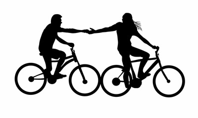 Fototapeta na wymiar Illustration of a woman and a man pair cycling and shaking hands. Who is in love. Couples appreciation day. Design silhouette