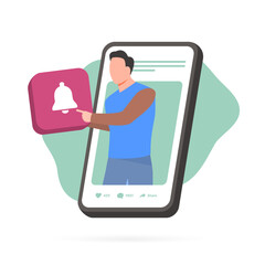 Subscribe reminder for video. Engage audience with notifications and push reminders. Blogger holding subscribe button with bell icon, encouraging viewers to press it. Isolated on white background