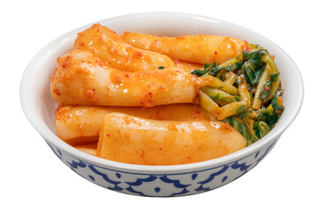 Bachelor kimchi on white background or Radish kimchi with Ponytail radish Korean traditional fermented vegetable a side dish at meals on white background PNG file.