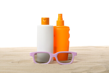 Accessories for summer skin and body care, isolated on white background