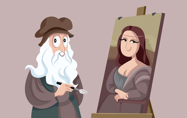 Renaissance Master Artist Painting Vector Funny Cartoon Illustration. Famous masterpiece being created by its author 
