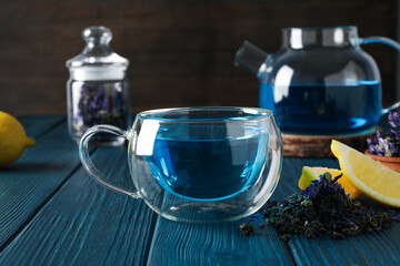 Concept of tasty hot drink, Anchan tea, close up