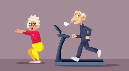 Senior People Going to the Gym to Keep Active Vector Illustration. Elderly couple exercising together feeling exhausted and tried 
