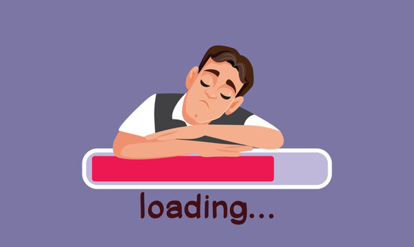 Man Falling Asleep Waiting for Web page to Load Vector Funny Illustration. Funny Wi-Fi problem concept image with a guy falling asleep 

