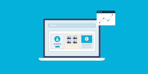 Business customer data and marketing message communication system management software, digital technology, web analytics and strategy planning concept, vector illustration.