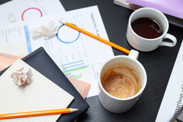 Messy office workplace, workplace and workspace concept