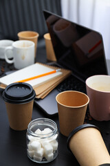Messy office workplace, workplace and workspace concept