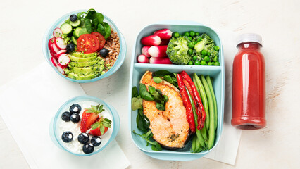 Different types healthy meals in containers, Takeout food menu, top view, copy space